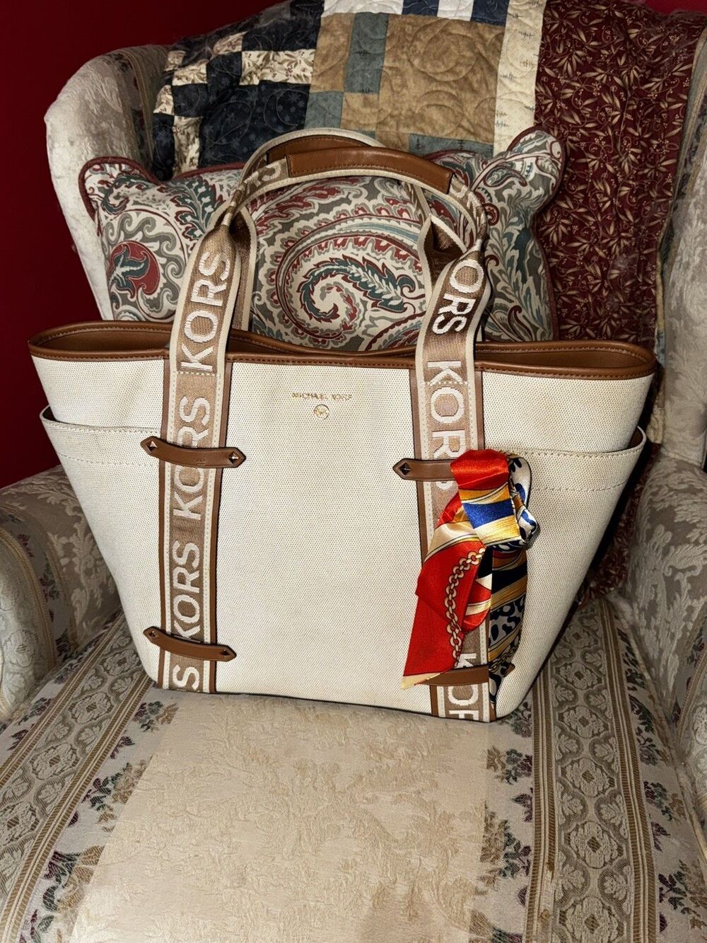 Michael Kors Maeve Large Open Tote Canvas Double Handles Handbag Cream